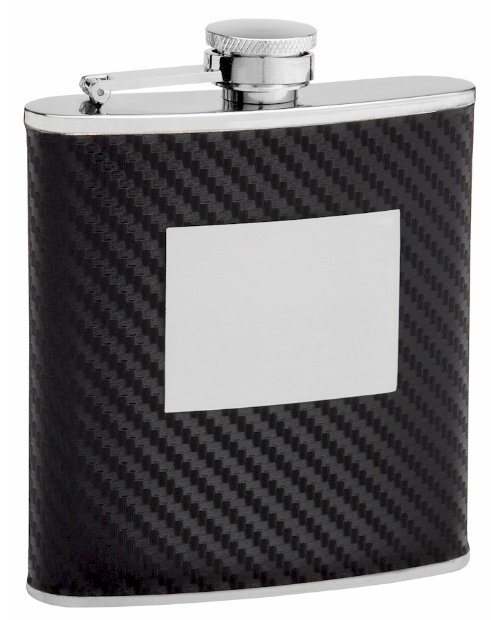 ''Faux Carbon Fiber Hip Flask Holding 6 oz - Pocket Size, Stainless Steel, Rustproof, Screw-On CAP - 